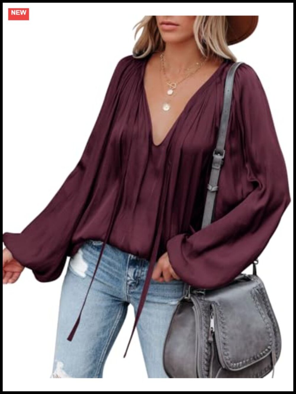 Womens Deep V Neck Satin Blouse Bell Long Sleeve Flowy Tunic Top